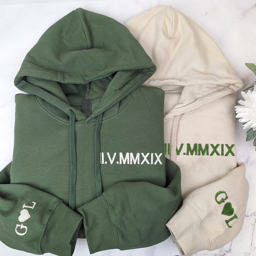 Personalized Couple Hoodie Sweatshirt with Embroidered Roman Numeral Anniversary Gifts