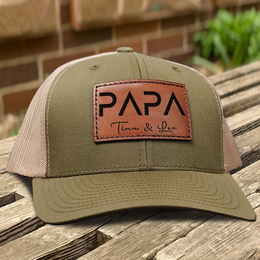 Custom Papa Real Leather Patch Trucker Hat With Kids Names Gift for Dad New Dad Gift