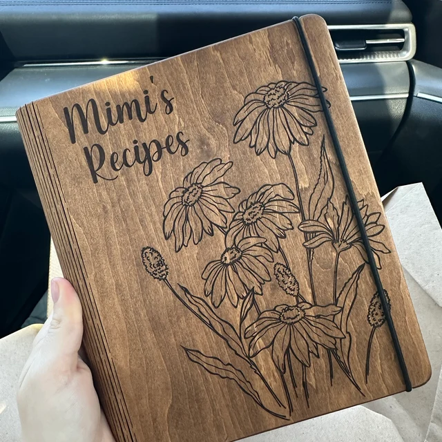 Personalized Mimi's Recipe Book with Blank Binder Custom Wooden Engraved Journal Cookbook for Mom Christmas Gift