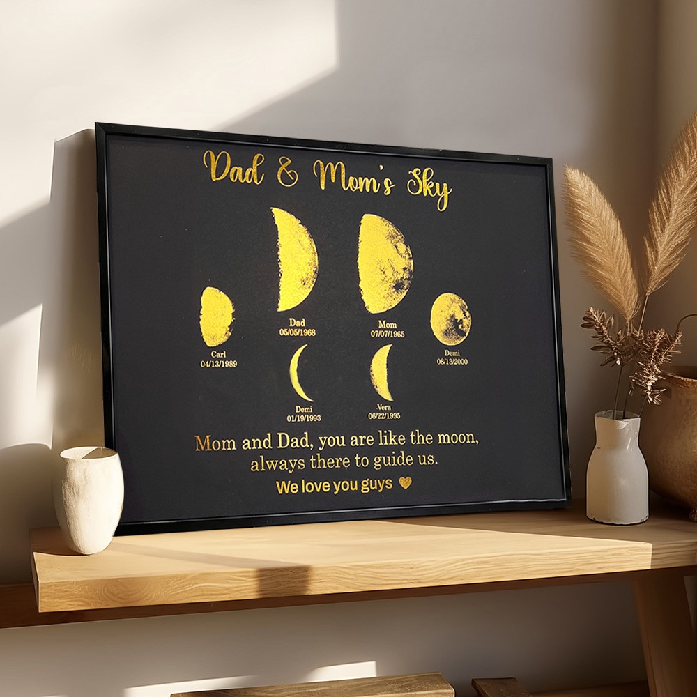 Custom Dad And Mom's Sky Moon Phase Frame Sign With Kids Names Unique Family Gift Ideas