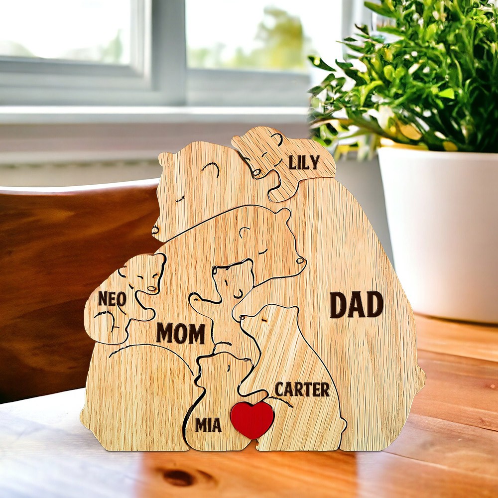 Personalized Wooden Bear Engraved Names Family Puzzle