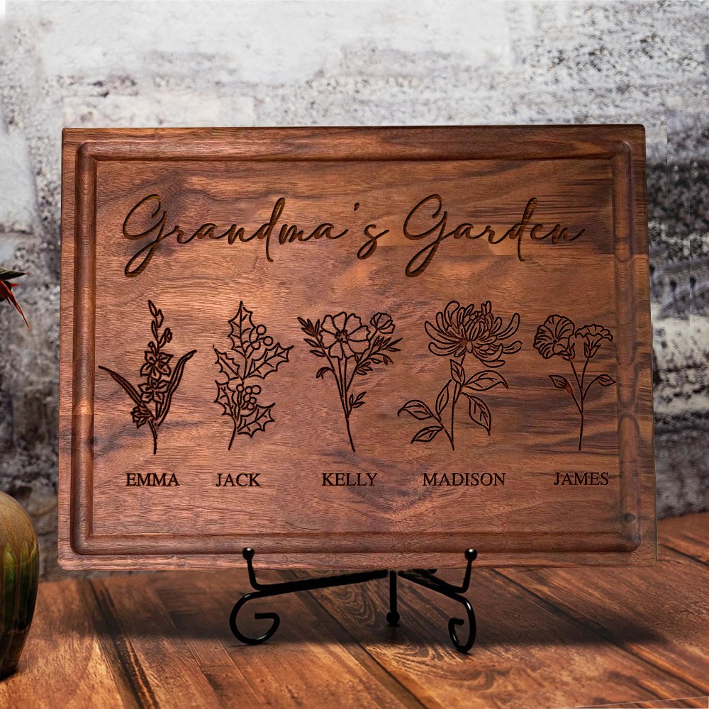 Custom Grandma's Garden Birth Month Flower Cutting Board with Kids Names Gifts for Grandma Mom