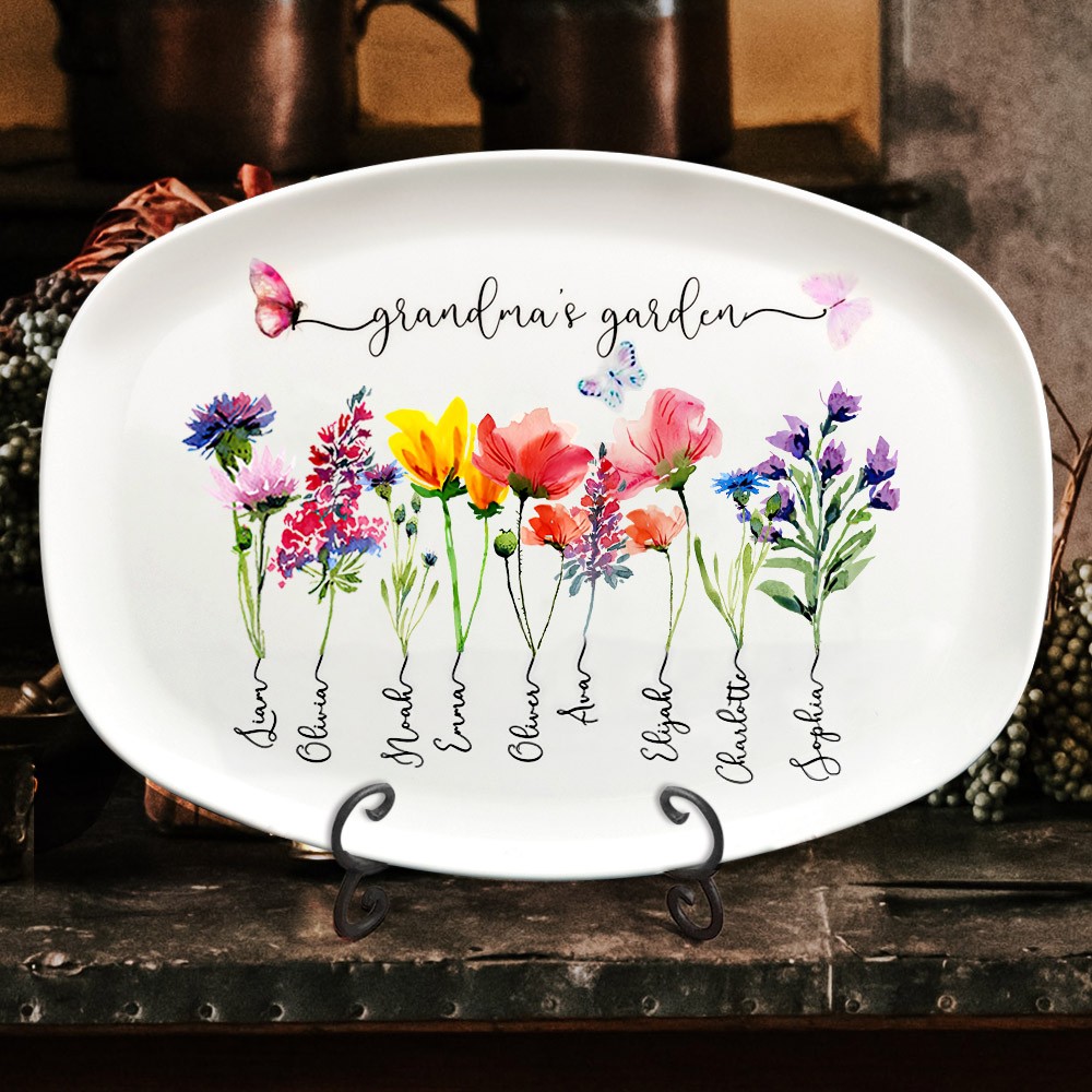 Custom Grandma's Garden Birth Flower Platter With Grandkids Names Unique Gift for Grandma Mom