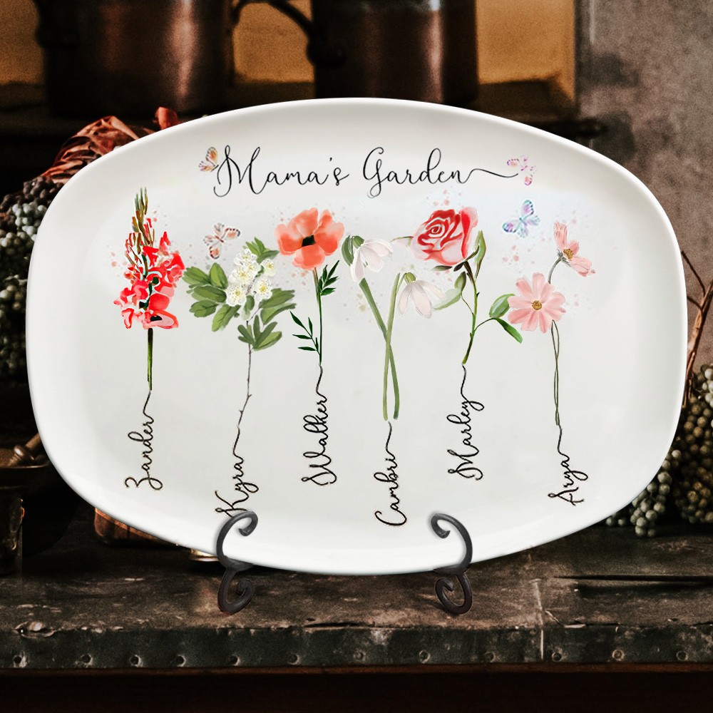 Personalized Mama's Garden Birth Flower Platter with Kids Names Love Gifts for Grandma Mom Mother's Day Gift