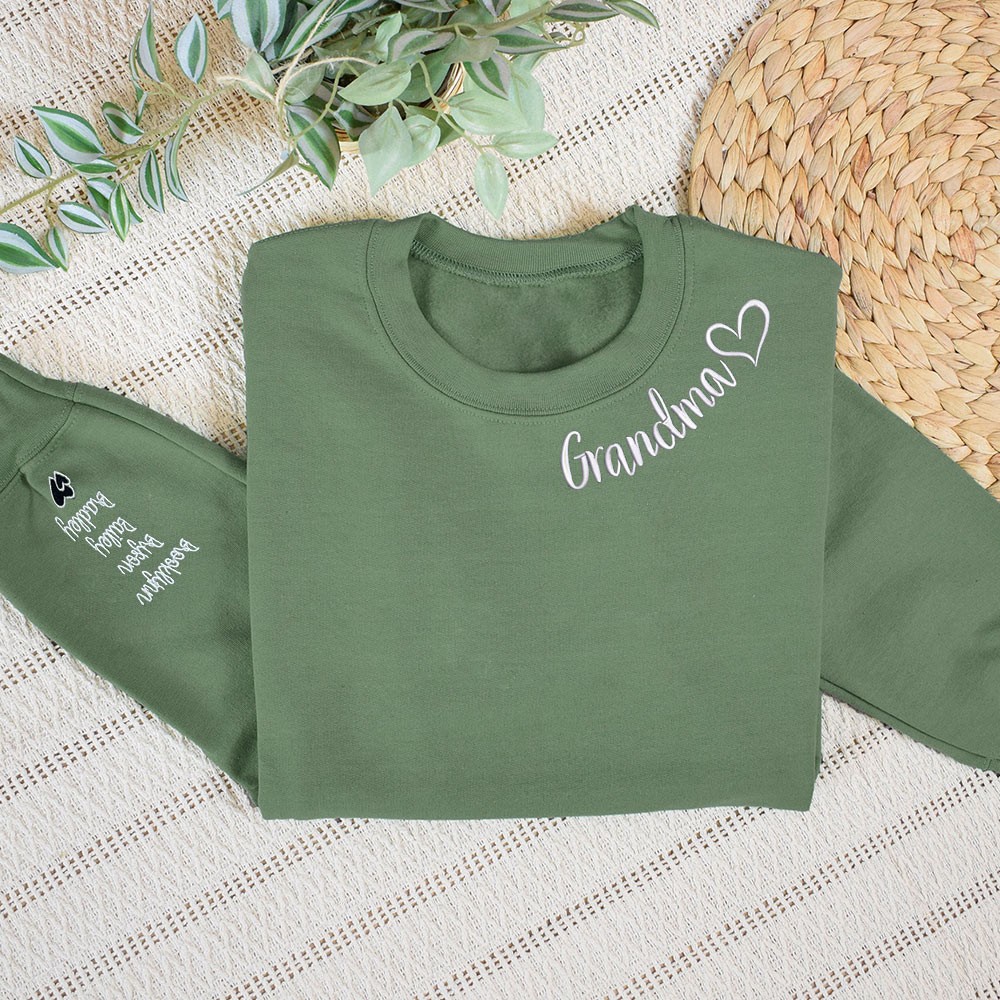 Custom Grandma Embroidered Sweatshirt Hoodie With Grandkids Names On The Sleeve Gift For Mom Grandma