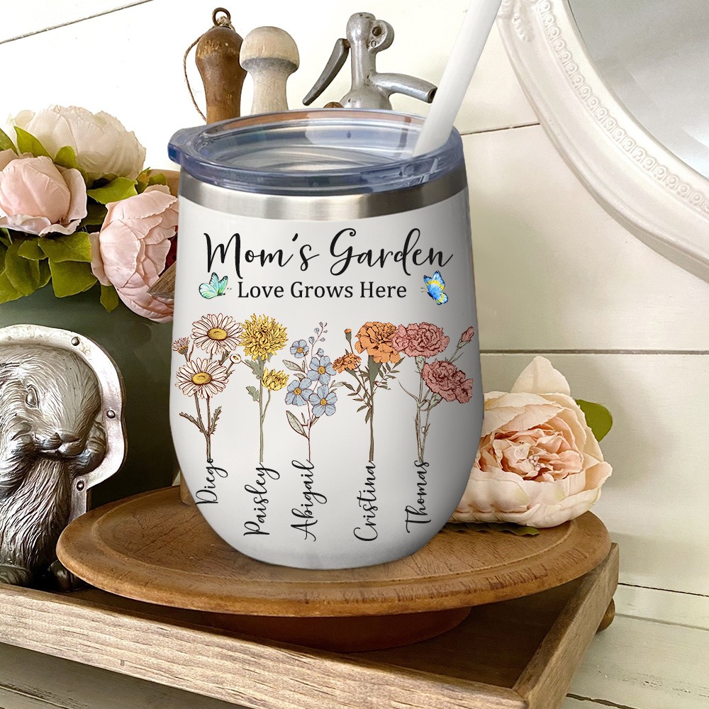 Personalized Mom's Garden Love Grows Here Birth Flower Wine Tumbler Gift Ideas for Mom Grandma Mother's day Gifts