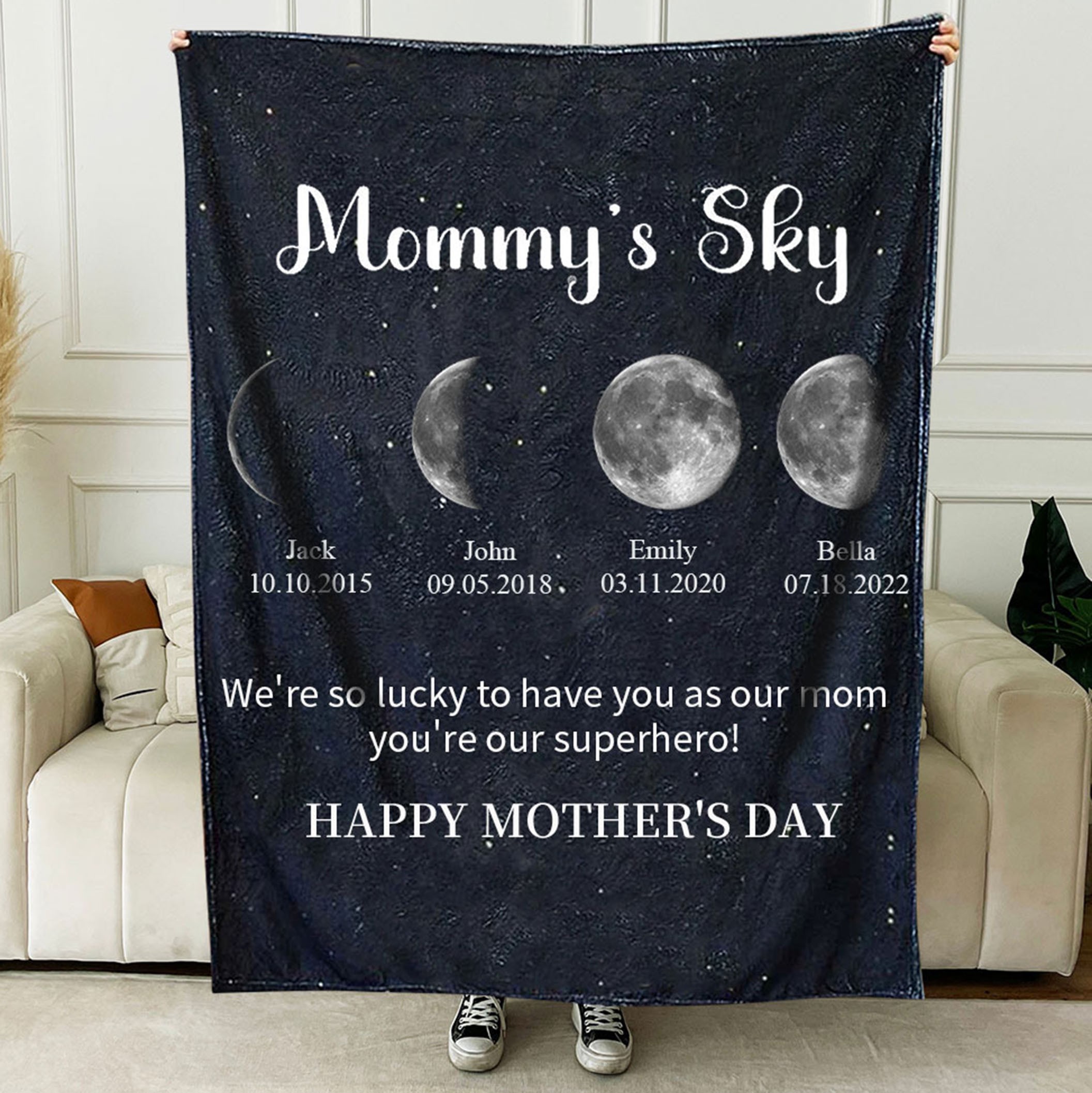 Personalized Mommy's Sky Moon Phase Blanket With Kids Names and Date Perfect Gift For Mom Family Gift Ideas