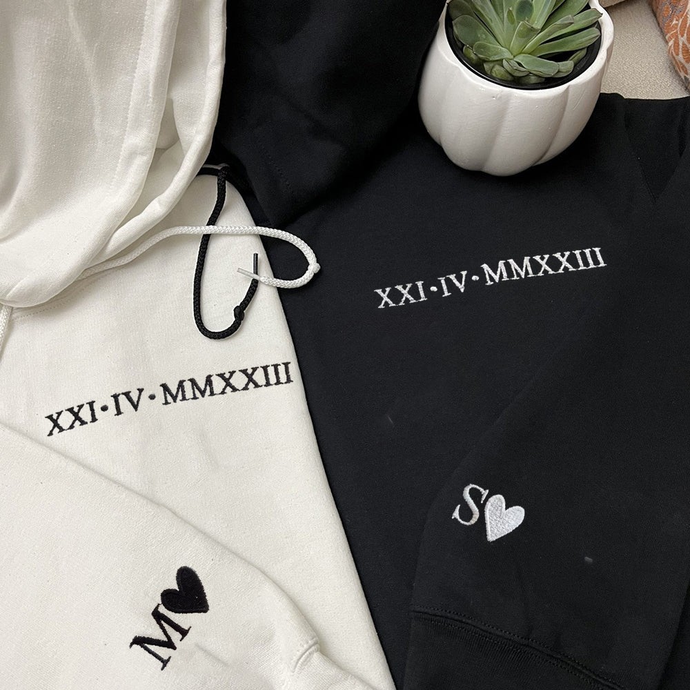 Custom Embroidered Roman Numeral Hoodie Sweatshirt Unique Gift for Couple