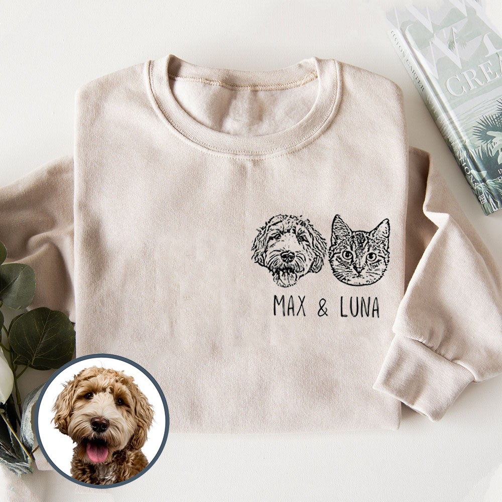 Custom Embroidered Pet Photo And Name Sweatshirt Hoodie Pet Lovers Gift Ideas Meaningful Gift for Her Him