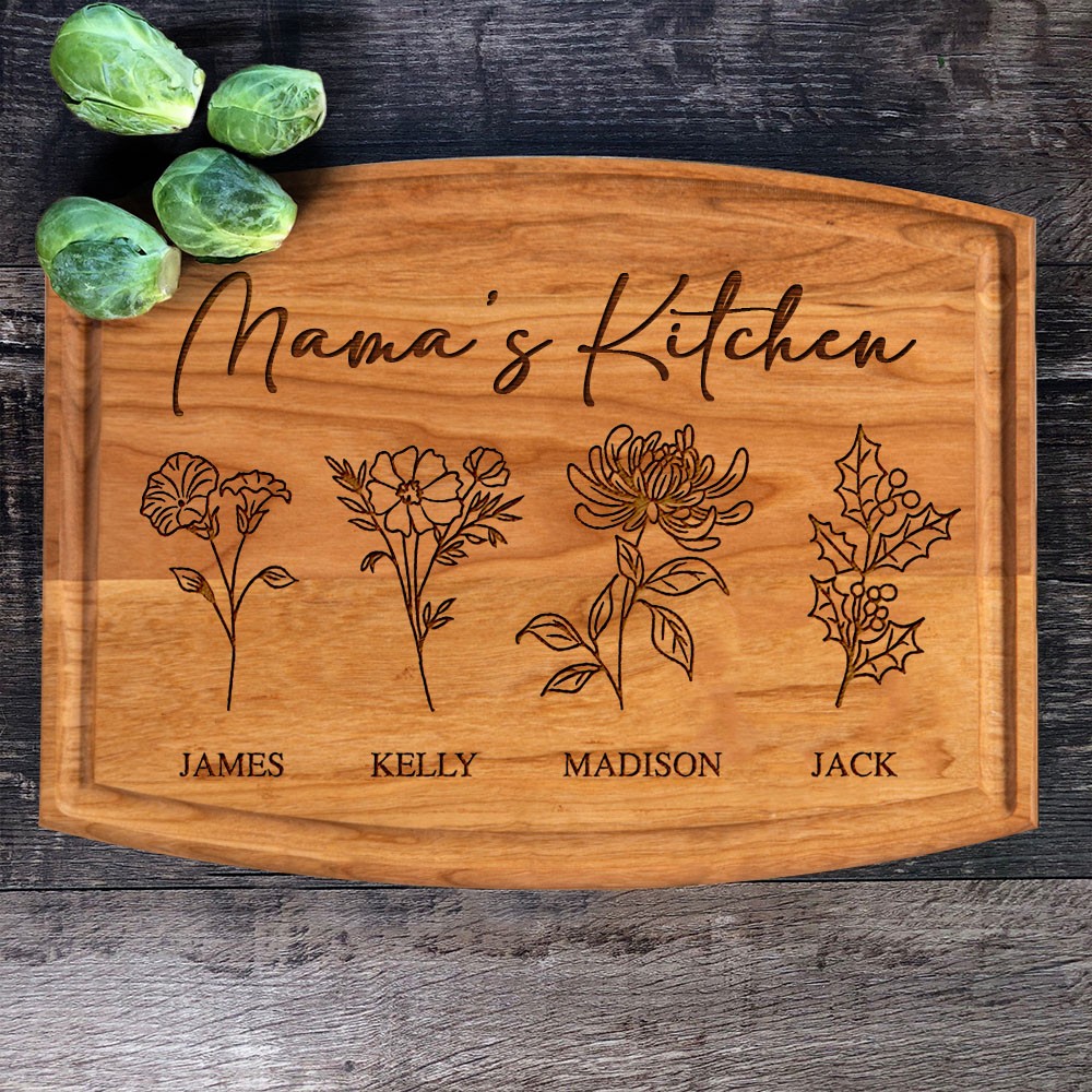 Custom Mama's Kitchen Birth Month Flower Cutting Board with Kids Names Gifts for Grandma Mom