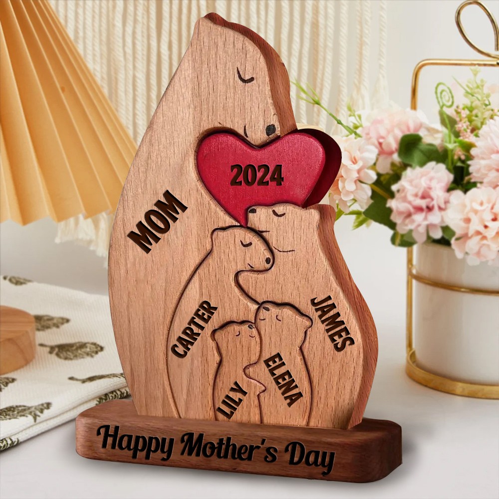 Personalized Wooden Hugging Bear Names Family Puzzle with Stand