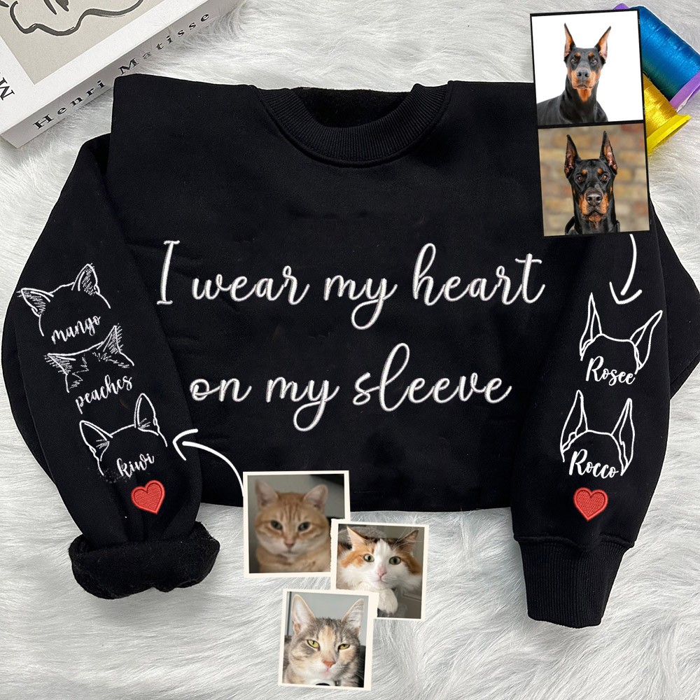 Personalized I Wear My Heart on My Sleeve Pet Ears Outline Embroidered Sweatshirt Hoodie Gifts for Pet Lover