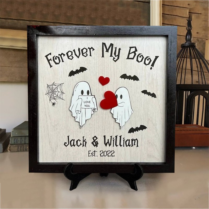 Personalized Forever My Boo Wood Sign Cute Ghost Decor For Couples Romantic Halloween Gift