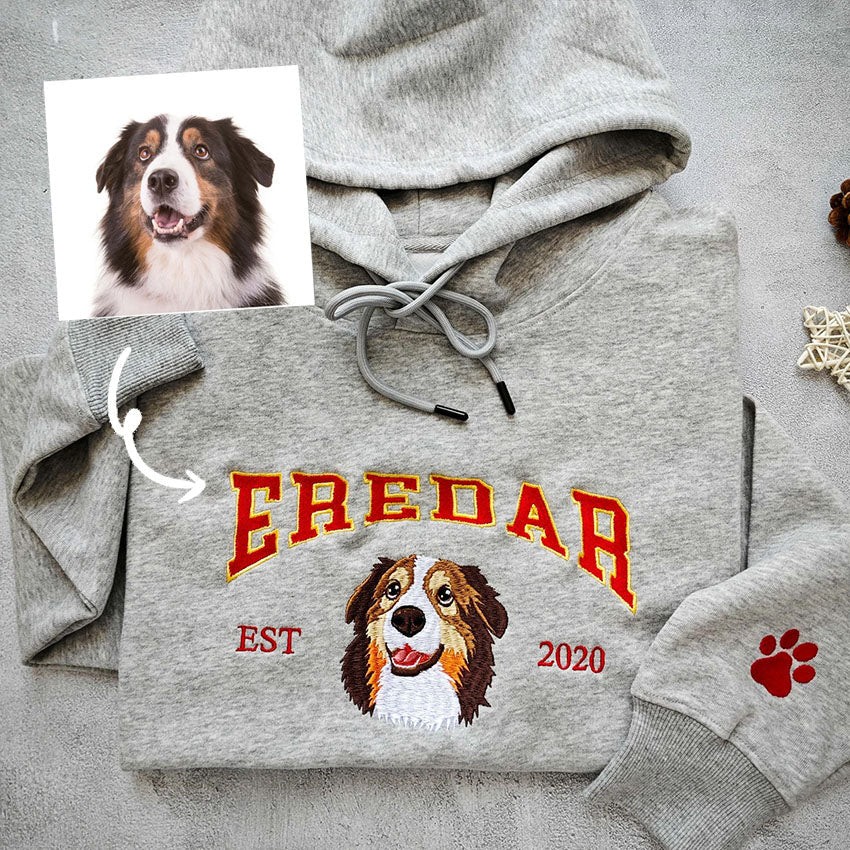 Personalized Embroidered Dog Photo Portrait Sweatshirt Hoodie With Date Keepsake Gift for Pet Lovers