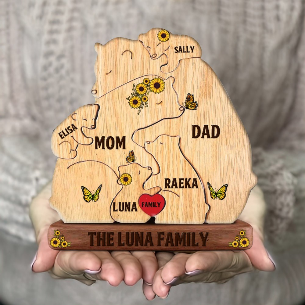 Personalized Sunflower Wooden Bear Family Names Puzzle