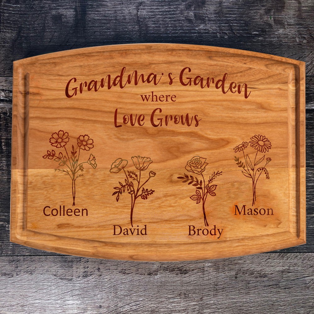 Custom Grandma's Garden Where Love Grows Birth Month Flower Cutting Board with Kids Names Gifts for Grandma Mom