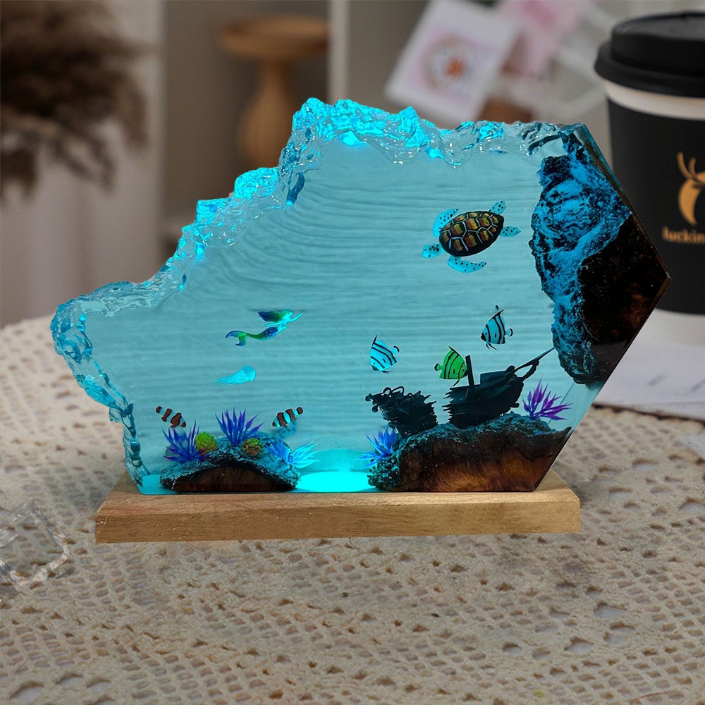 Mermaid and Turtle Resin Night Light Resin Wood Lamp Birthday Gift Christmas Gift Ideas