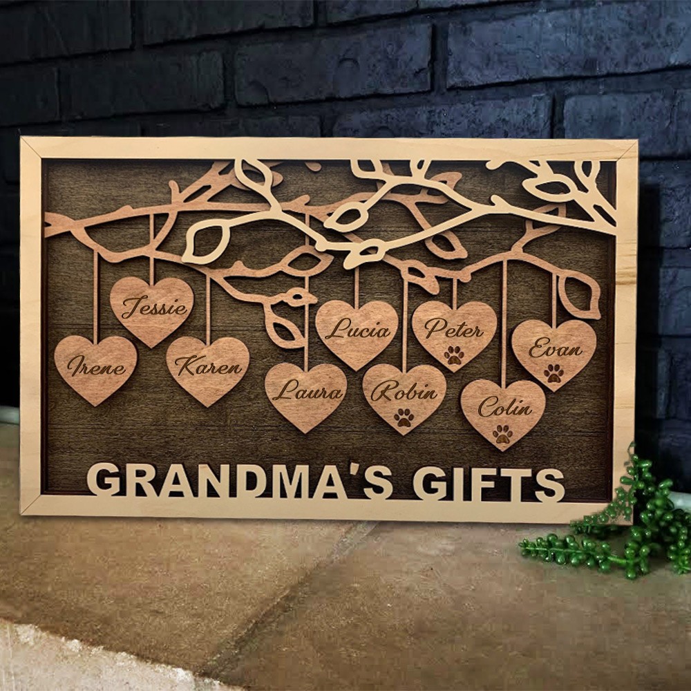 Personalized Engraved Wood Family Tree Sign with Grandkids Names for Grandma Gifts for Family Unique Christmas Gift