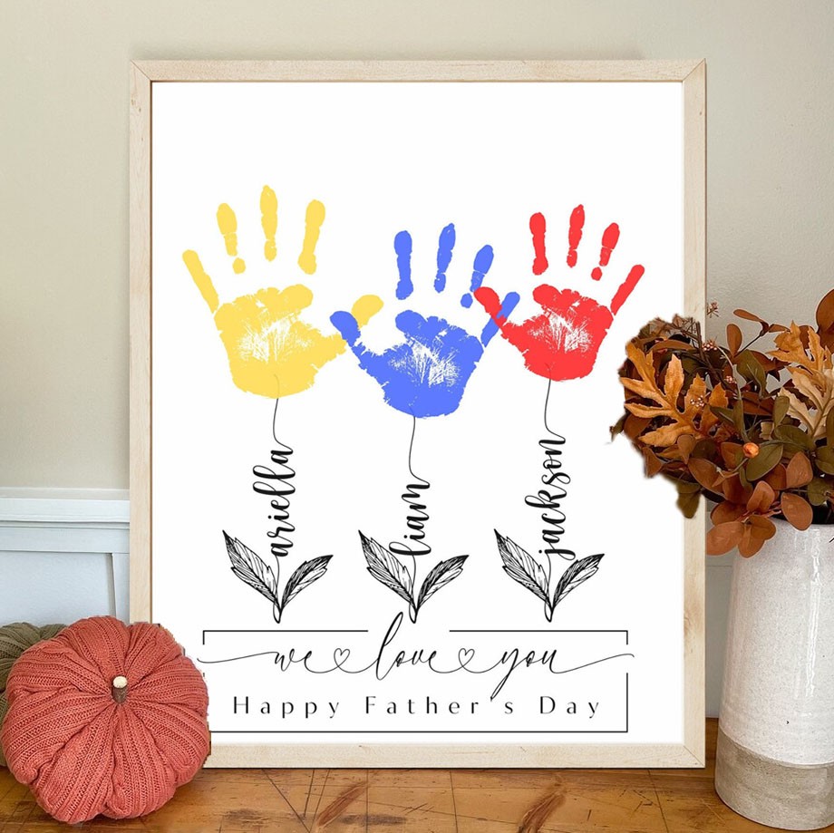 Custom DIY Handprint Wooden Frame Sign With Kids Names Happy Father's Day Gifts