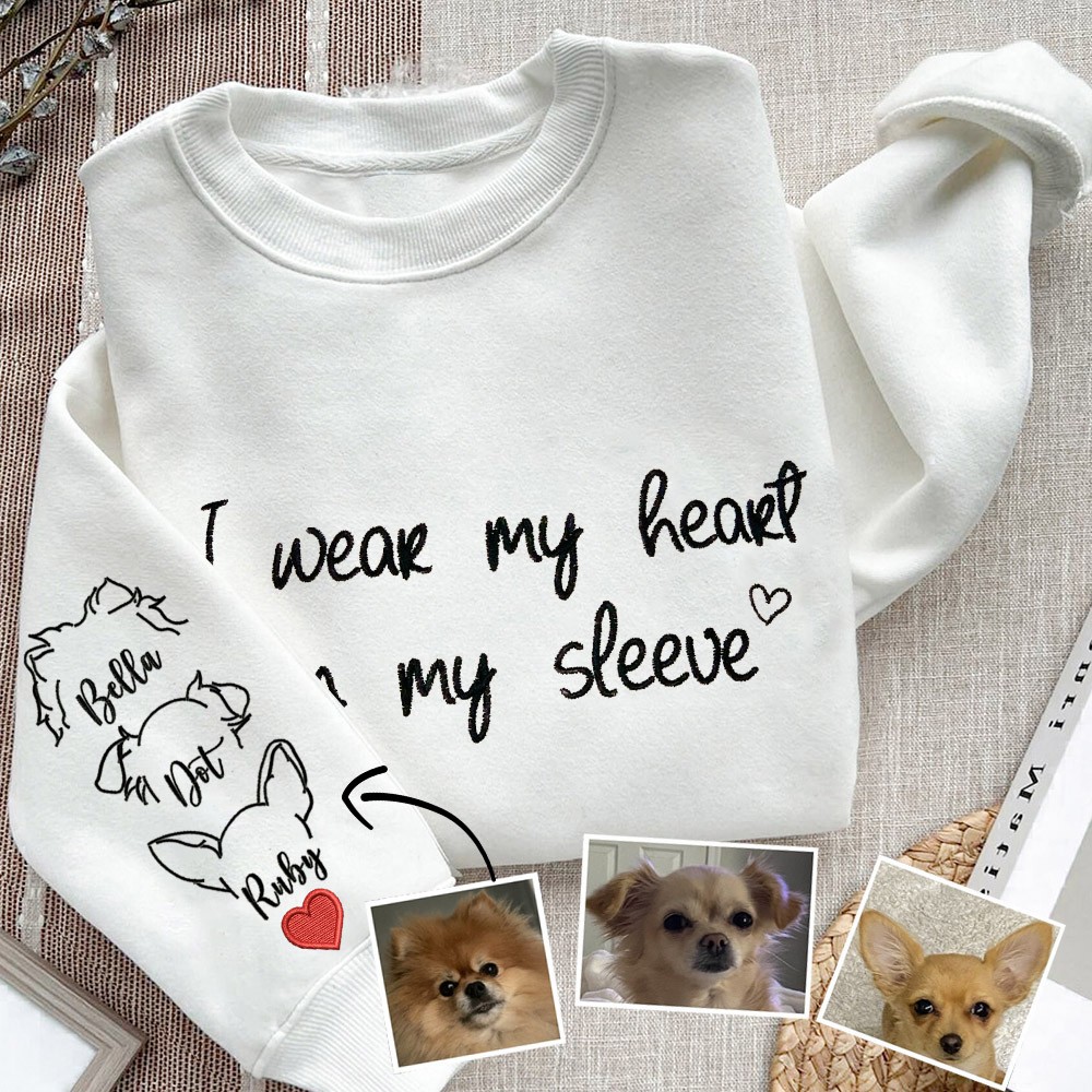 Personalized Dog Ears Outline Embroidered Sweatshirt Hoodie I Wear My Heart on My Sleeve Gifts for Pet Lover