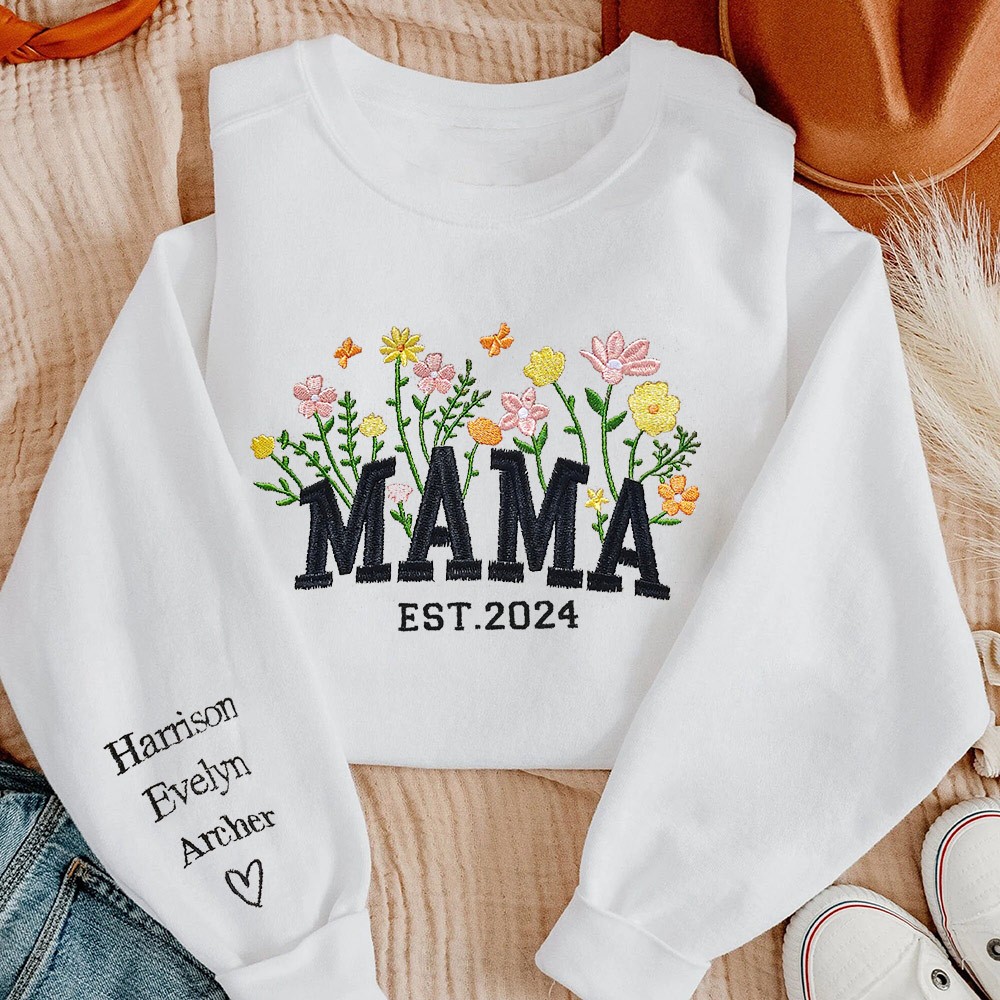 Custom Mama Flower Grass Embroidered Sweatshirt Hoodie Mother's Day Gift Nice Gift For Mom Grandma