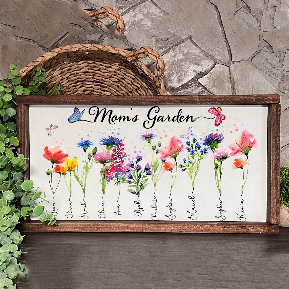 Personalized Mom's Garden Birth Flower Wood Frame Sign with Kids Names Unique Gifts for Mom Grandma Mother's Day Gift Ideas