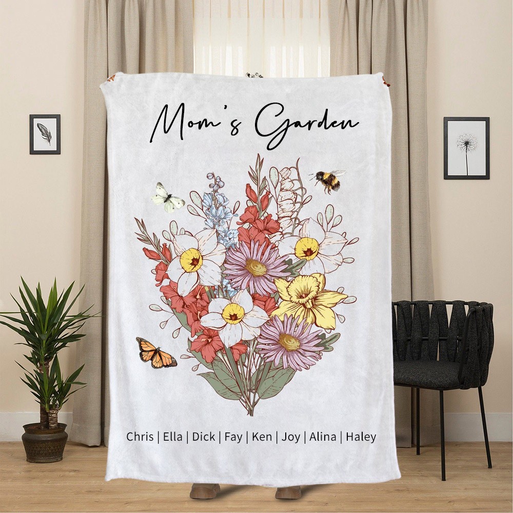 Personalized Mom's Garden Birth Flower Bouquet Family Blanket Gifts For Mom Grandma Mother's Day Gift