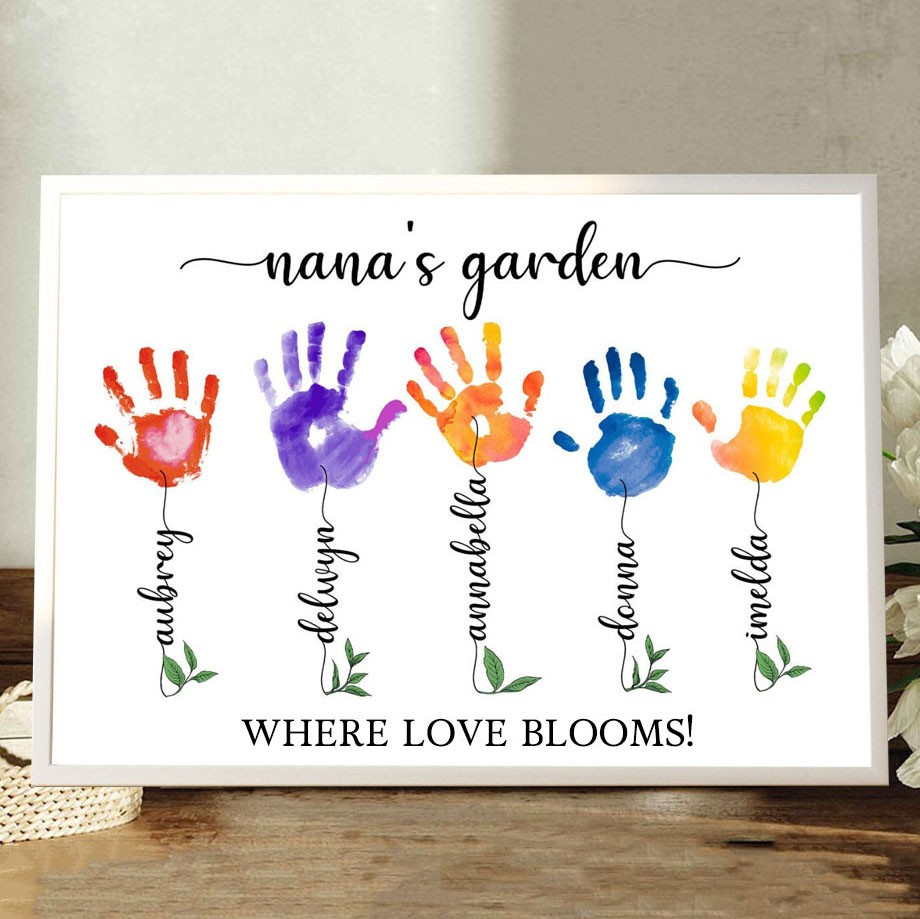 Custom Nana's Garden Where Love Blooms DIY Handprint Frame With Grandkids Names Unique GIft For Mom Grandma