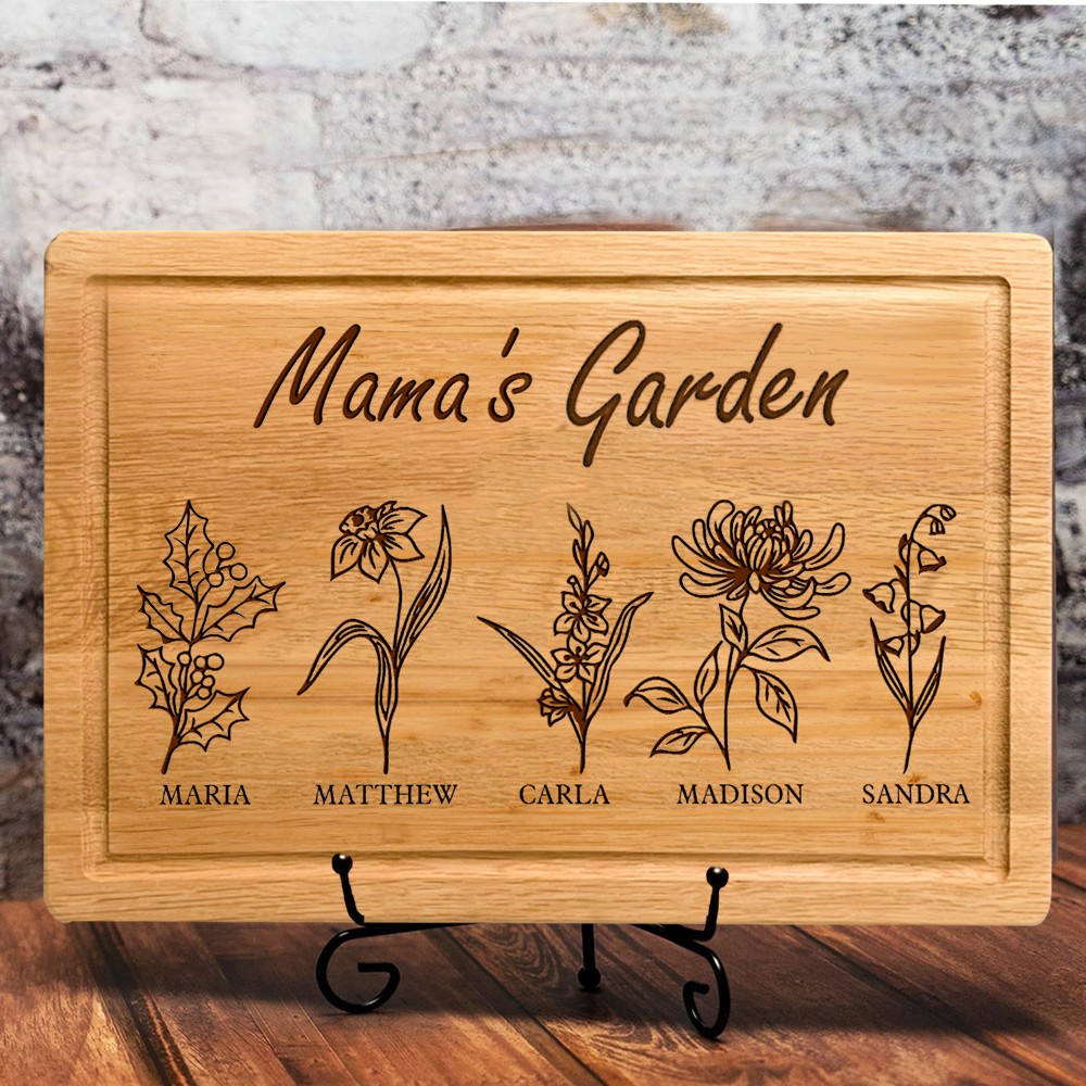 Personalized Mama's Garden Birth Month Flower Cutting Board with Kids Names Gifts for Grandma Mom