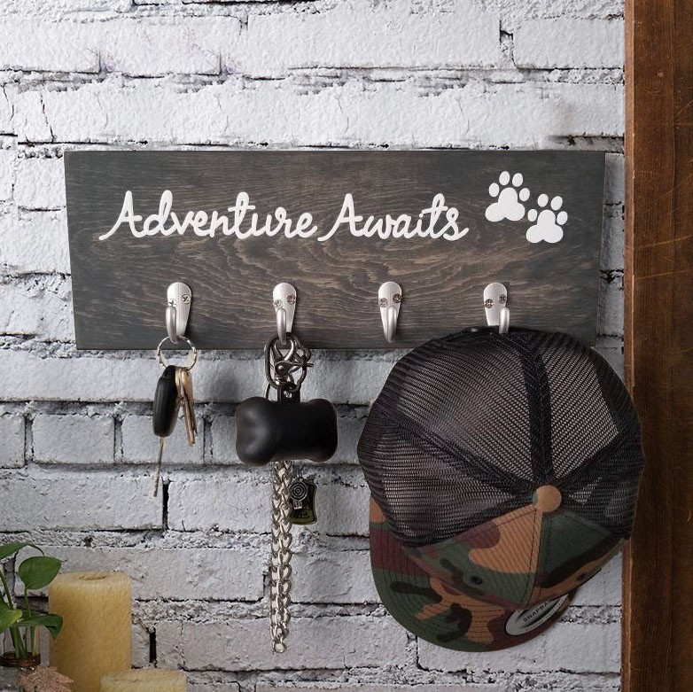 Custom Adventure Awaits Wood Key Holder with Hooks Dog Leash Holder Housewarming Gifts for Couple Wedding Gift