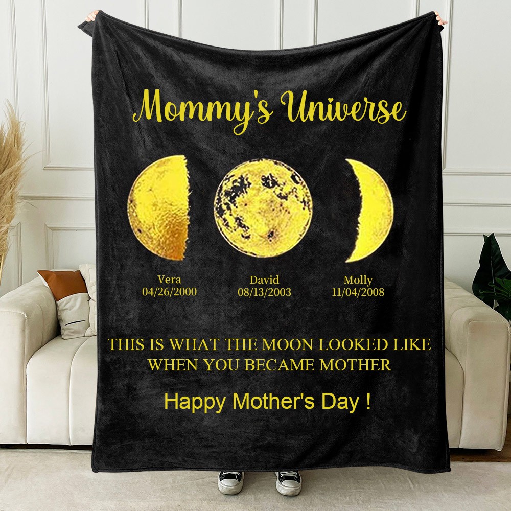 Mommy's Universe Custom Moon Phase Blanket With Kids Names Mother's Day Gift Ideas Keepsake Gift For Mom