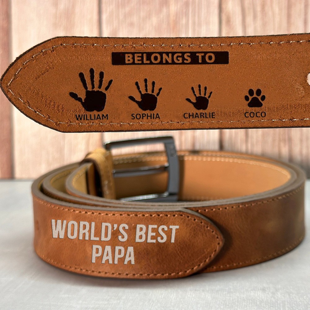 World's Best Papa Belongs To Personalized Leather Belt with Engraved Names Father's Day Gift