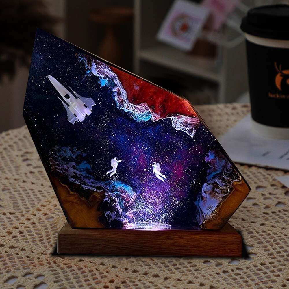 Space Resin Night Light with Astronaut Rocket Resin Wood Lamp Unique Birthday Gift Christmas Gift Ideas