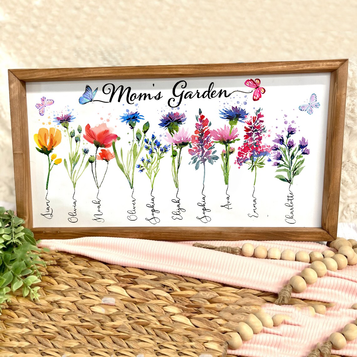 Custom Mom's Garden Birth Flower Art Print Wood Frame Thankful Gifts for Mom Grandma Mother's Day Gift Ideas