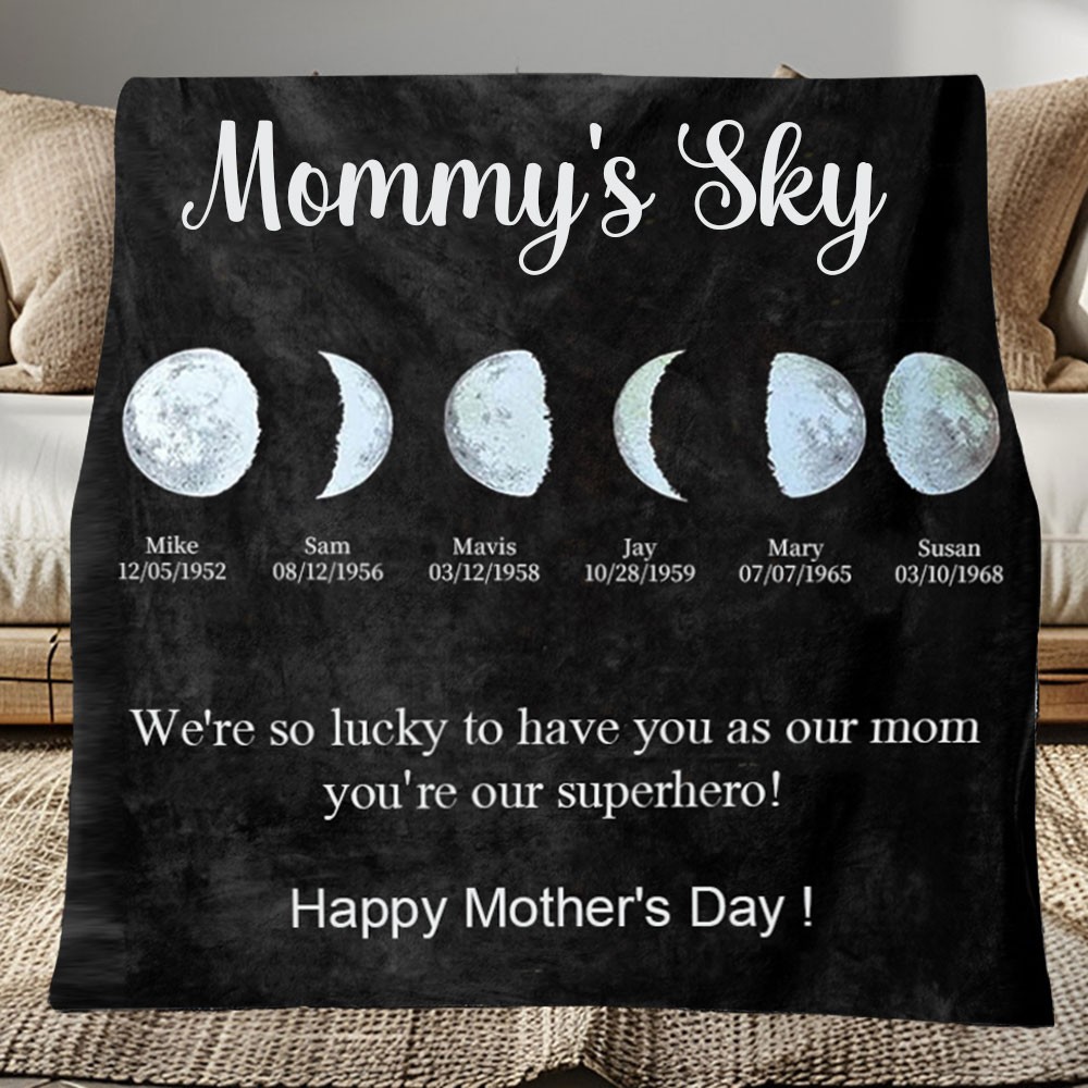 Mommy's Sky Personalized With Kids Names Moon Phase Blanket Thoughtful Gift For Mom Unique Mother's Day Gift Ideas