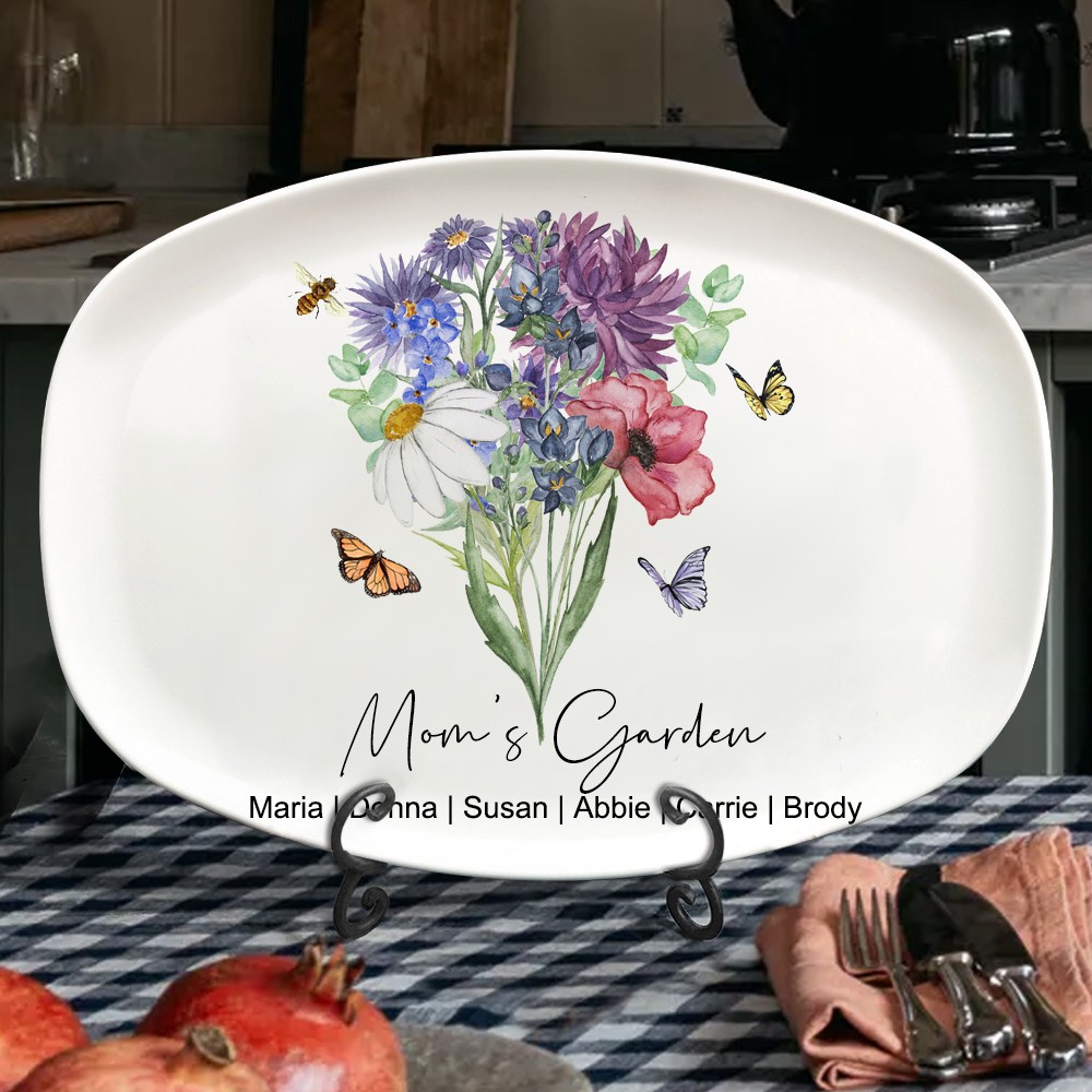 Personalized Mom's Garden Birth Flower Watercolor Bouquet Platter Unique Gift for Mom Grandma Mother's Day Gift Ideas