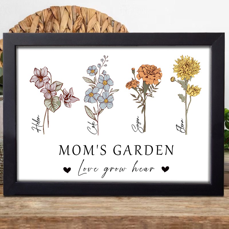 Custom Mom's Garden Art Print Birth Month Flowers Wooden Frame Sign Family Gift For Mom Grandma Mother's Day Gift