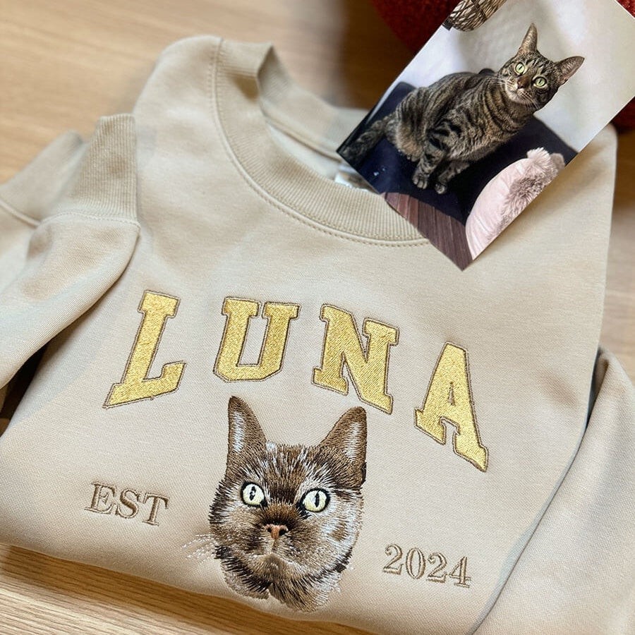 Custom Pet Portrait Photo Embroidered Sweatshirt Hoodie Unique Keepsake Gift for Cat Lovers