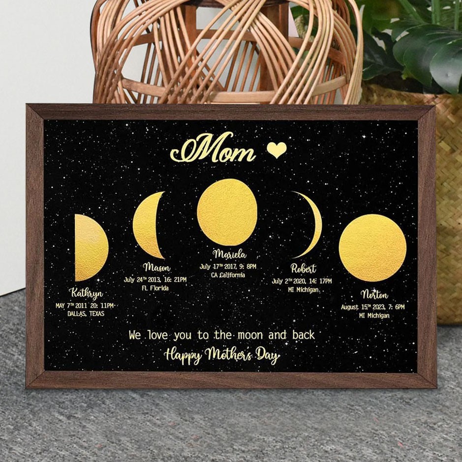 Personalized Mom Moon Phase Print Wooden Frame With Kids Names Keepsake Gifts Mother's Day Gift Ideas