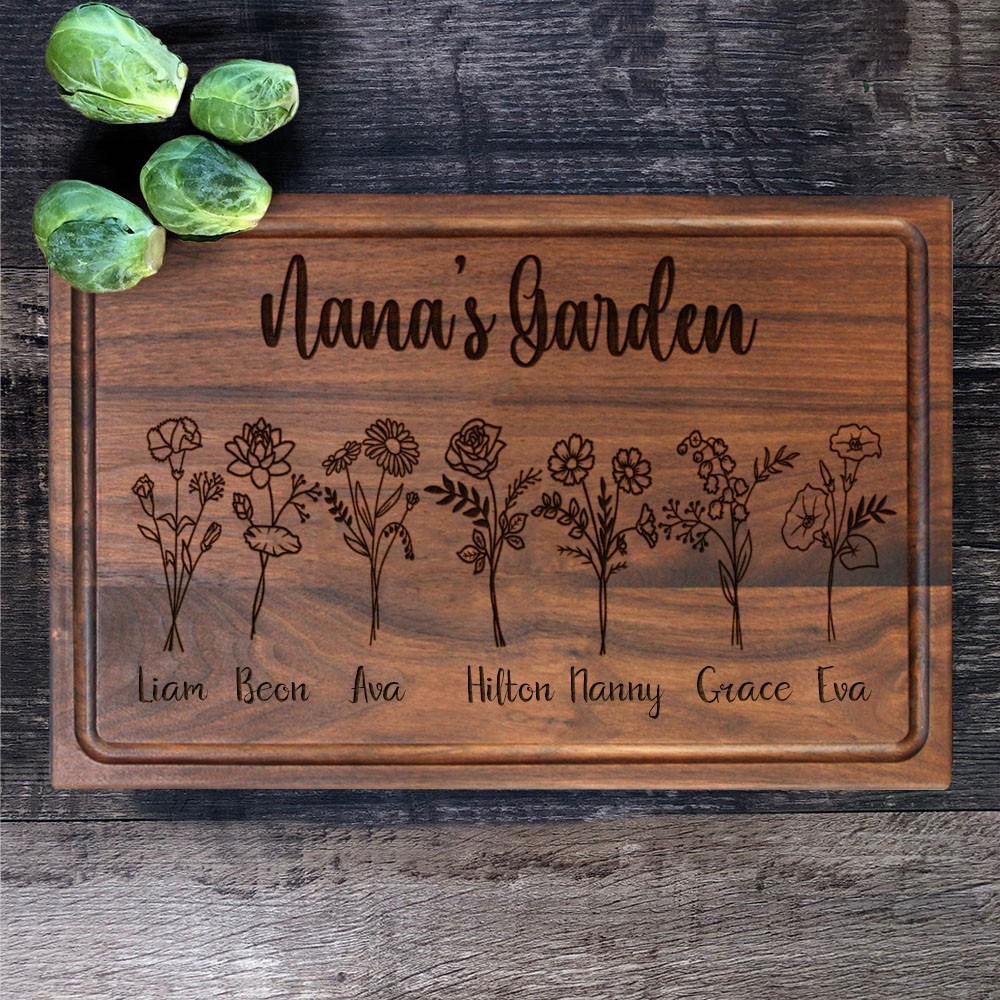 Personalized Nana's Garden Kitchen Birth Flower Cutting Board with Names Gifts for Mom Grandma