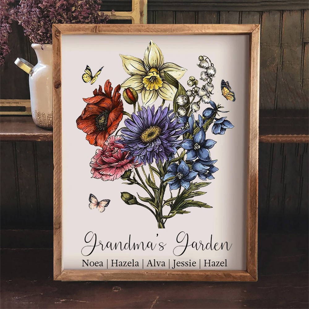 Personalized Grandma's Garden Birth Month Flower Bouquet Frame Sign with Kids Names Christmas Gifts for Grandma Mom