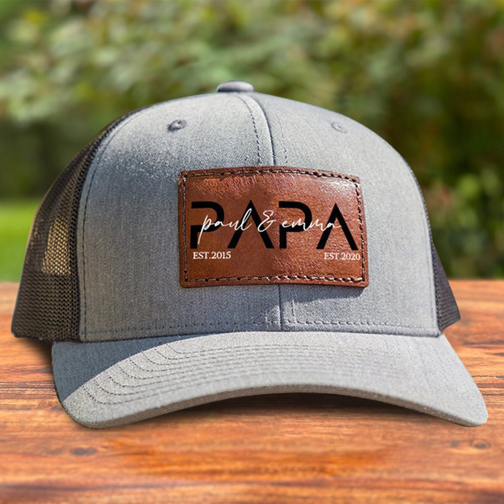 Personalized Papa Real Leather Patch Snapback Cap With Kids Names And Date Best Gift Ideas for Dad New Dad Gifts