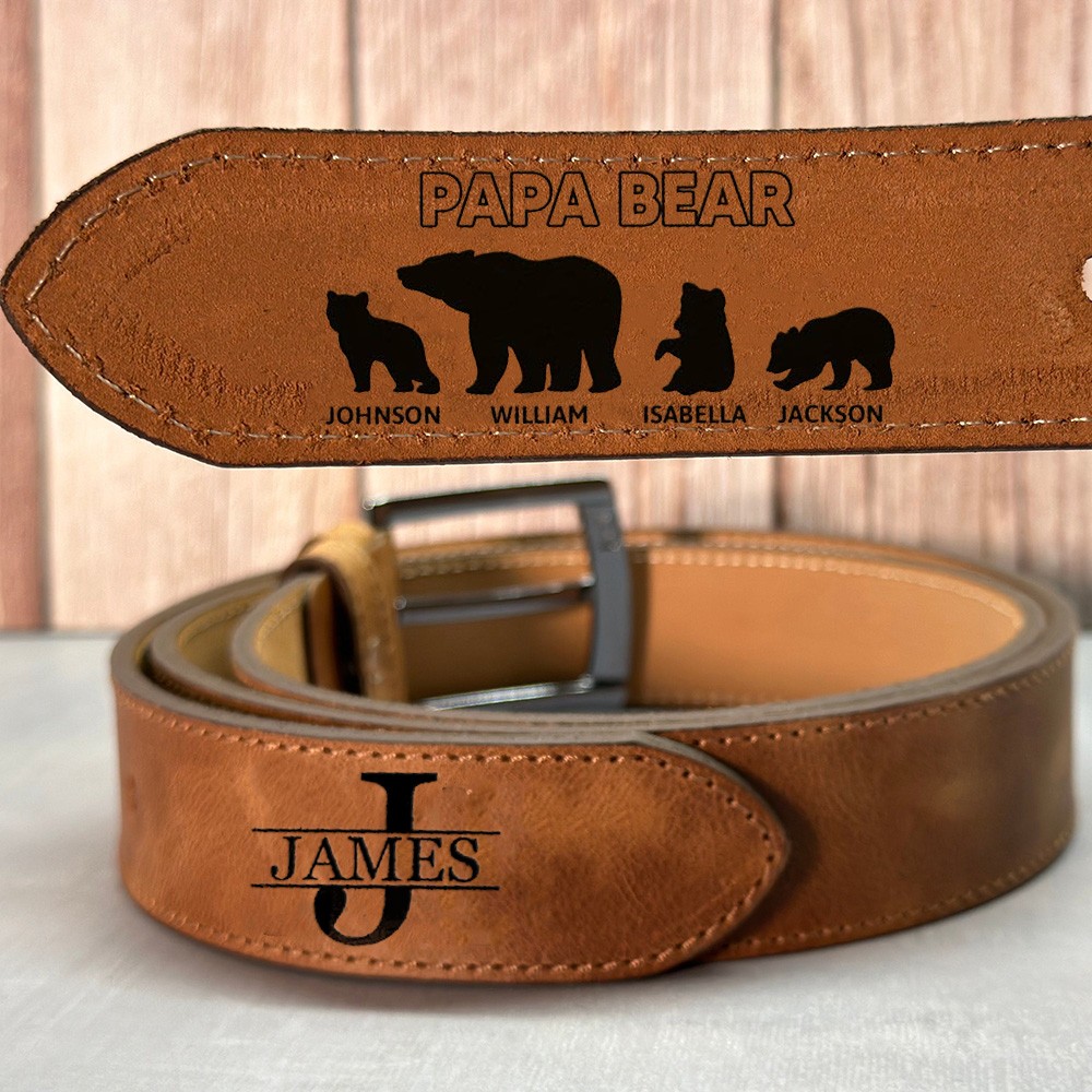 Personalized Papa Bear Leather Belt with Engraved Kids Names Father's Day Gift