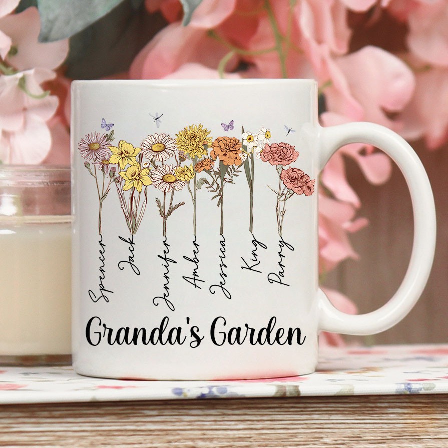 Custom Grandma's Garden Water Color Birth Flower Mug With Grandkids Names Mother's Day Gift Preparing Gift For Mom Grandma