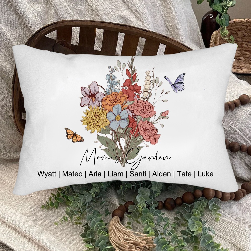 Custom Mom's Garden Birth Month Flower Bouquet Pillow With Kids Names Heartful Gifts For Mom Grandma Mother's Day Gift Ideas