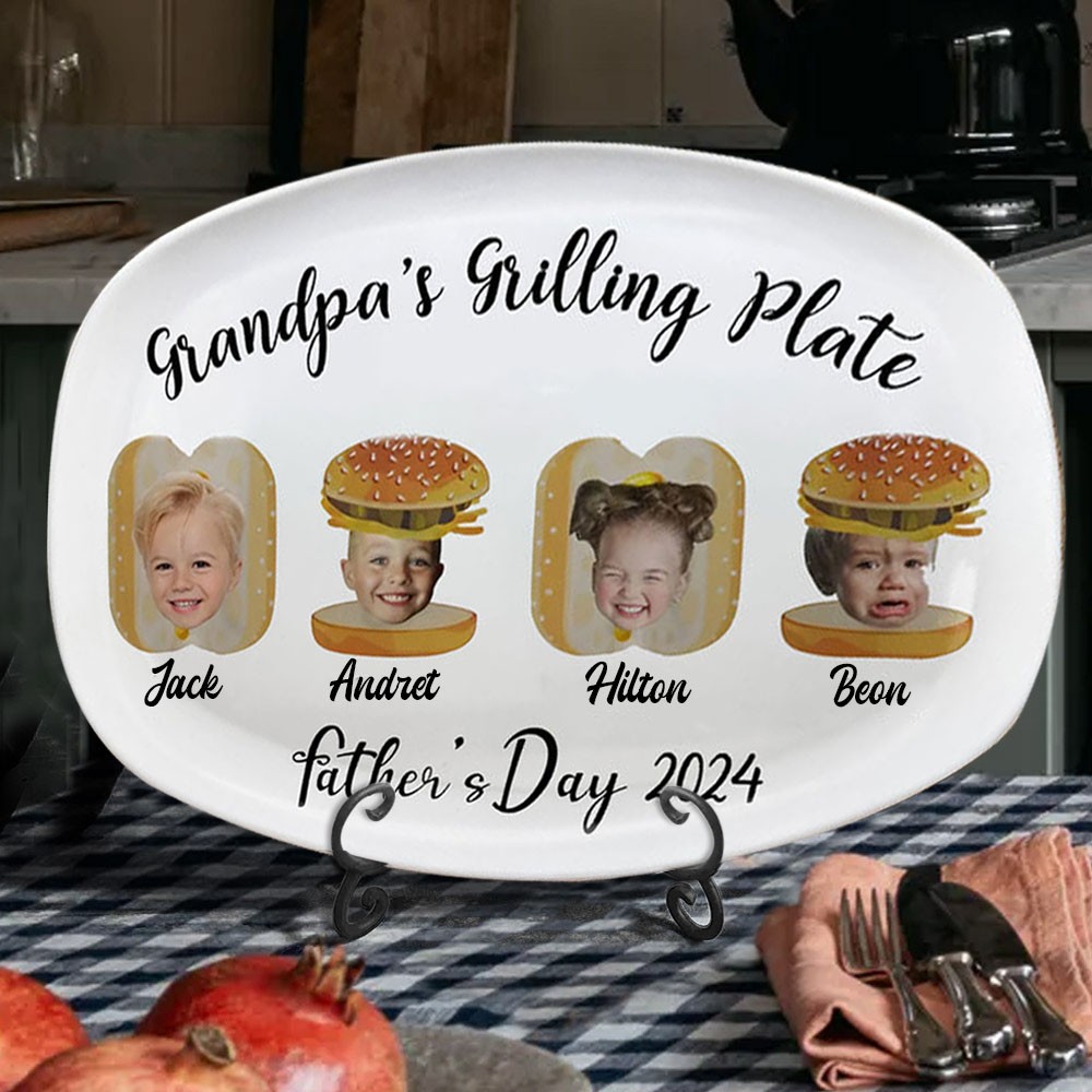 Custom Art Print Kid's Photo Grandpa's Grilling Plate With Names Perfect Father's Day Gift Ideas