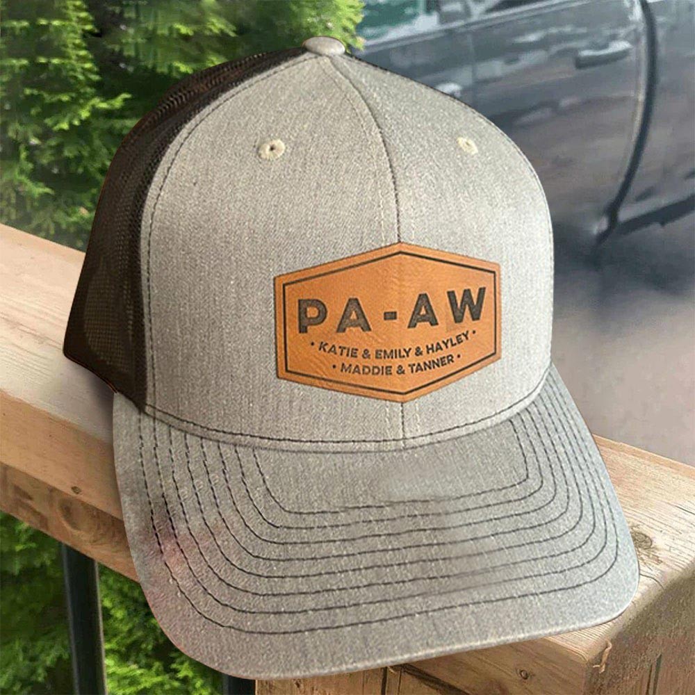 Custom Pa-aw Real Leather Patch Hat Snapback Cap With Kids Names Unique Gifts for Papa New Dad Gift Ideas