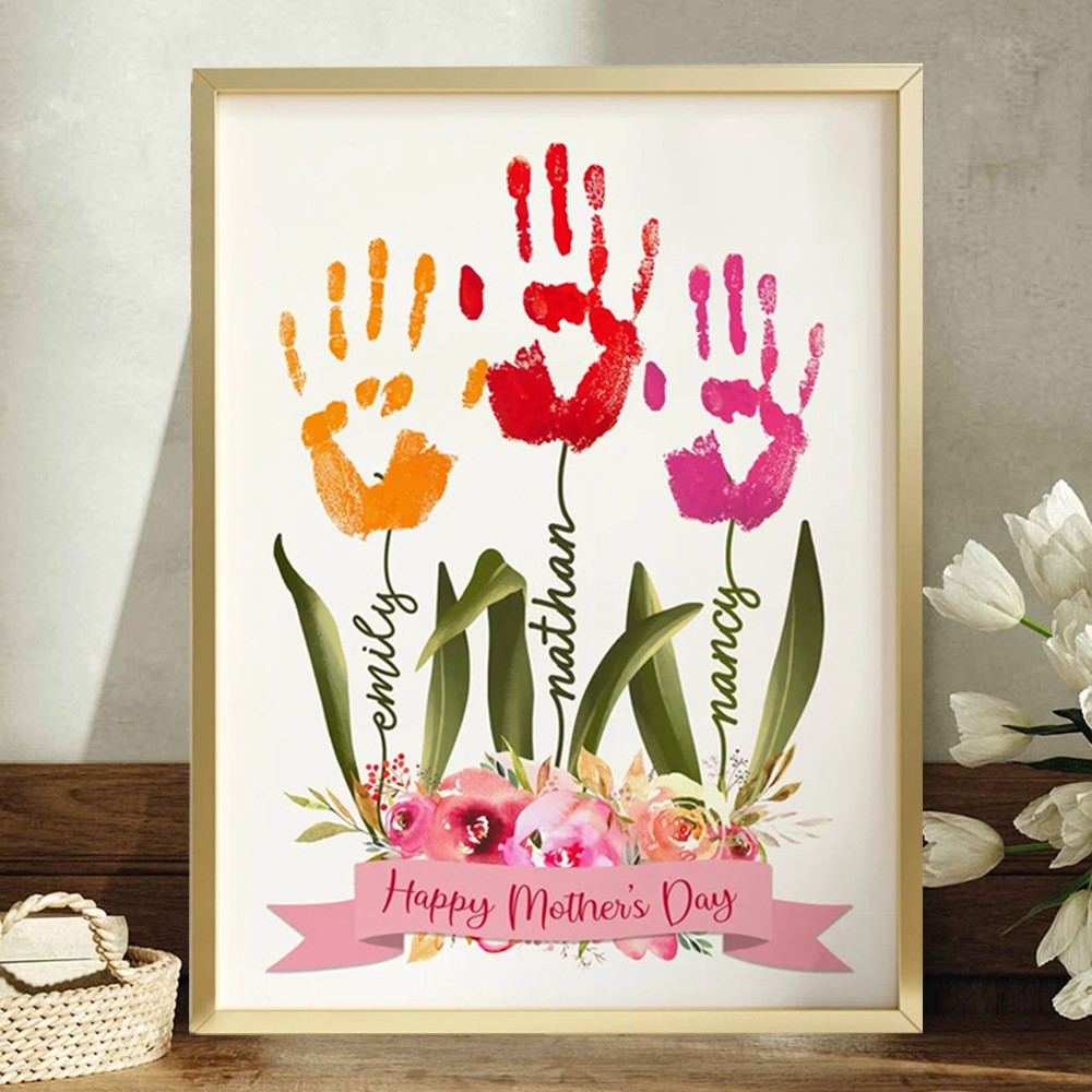 Custom Handmade DIY Handprint Wood Frame With Kids Names Mother's Day Gift Ideas