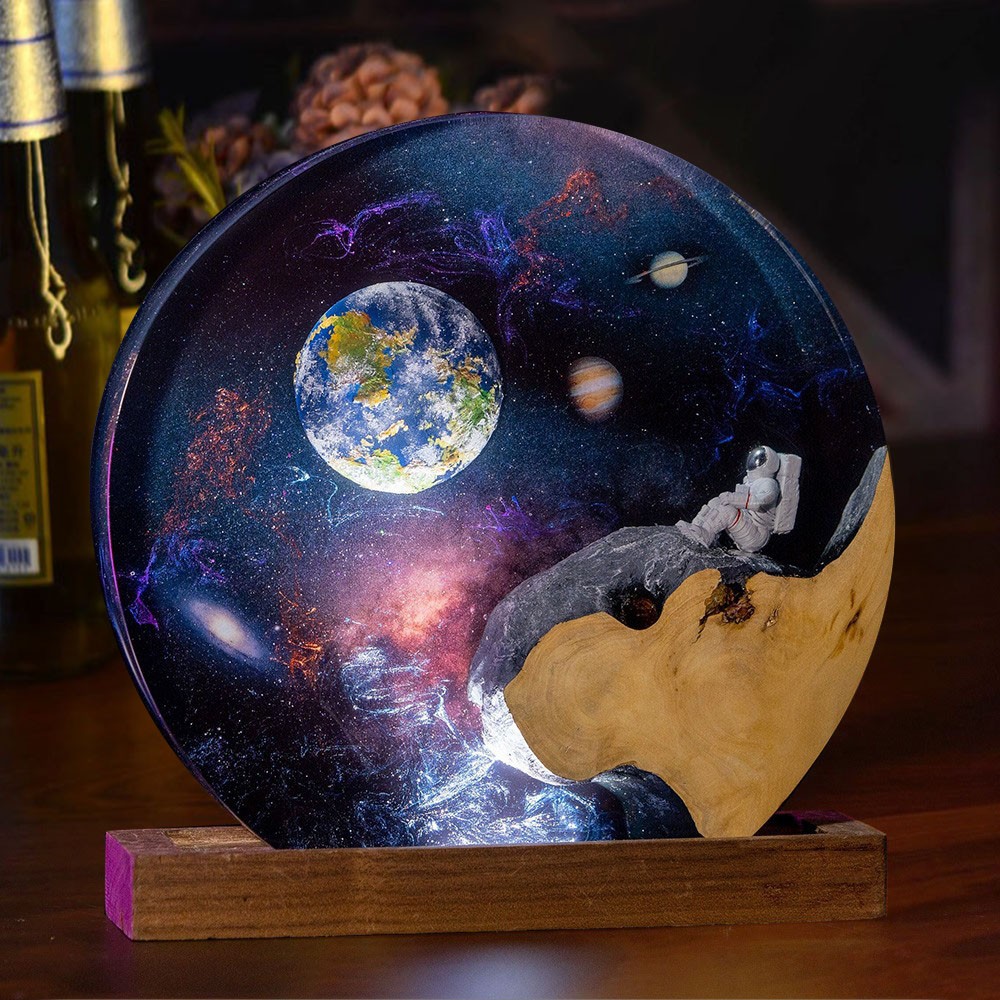 Space Astronaut Epoxy Resin Wood Lamp Handmade Night Light Christmas Gift Ideas