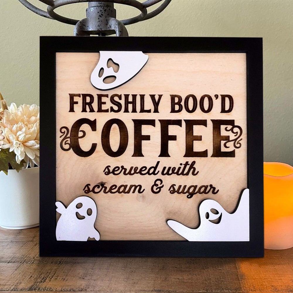 Freshly Boo'd Coffee Wood Sign Funny Halloween Home Decor